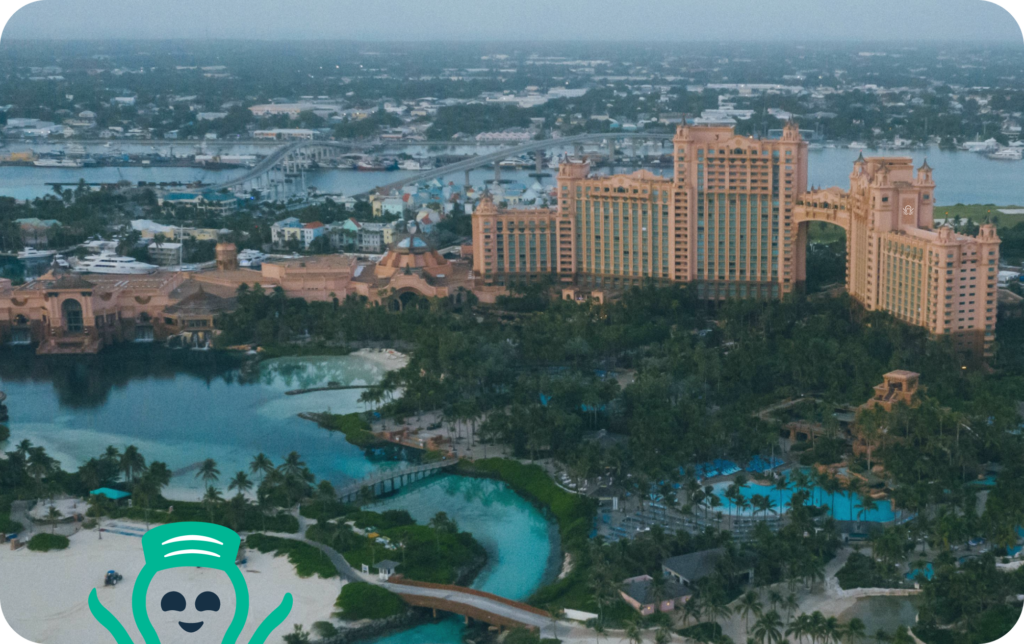 aerial shot of an island hotel