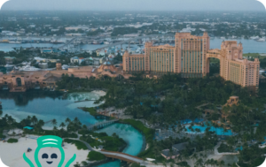 aerial shot of an island hotel