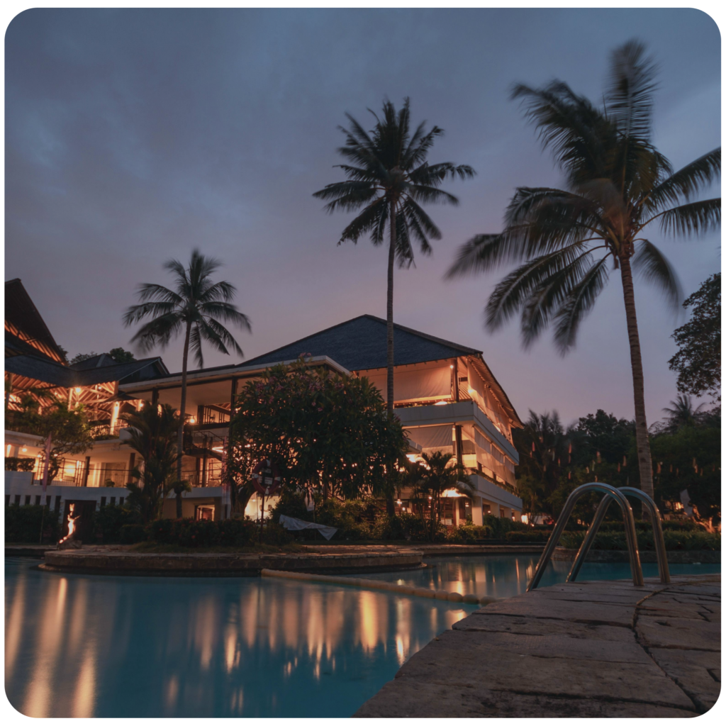 hotel pool at dusk