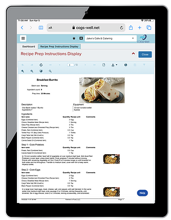 A website page that says "Recipe Prep Instructions Display" from cogs-well.net.