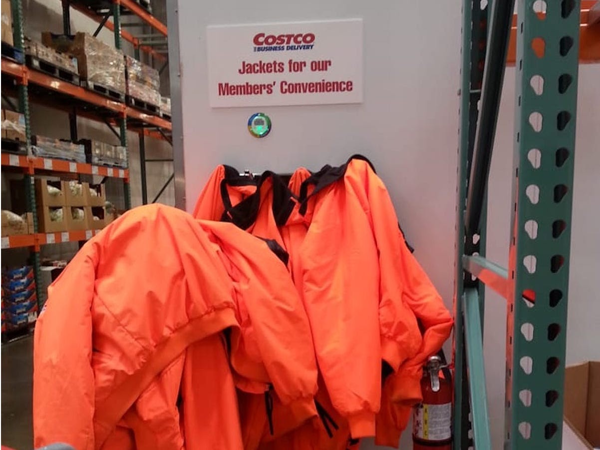 Costco provides its members jackets for comfort and convenience whilst shopping in their store.