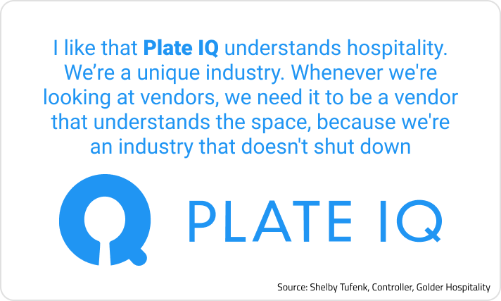 “I like that Plate IQ understands hospitality. We’re a unique industry. Whenever we're looking at vendors, we need it to be a vendor that understands the space, because we're an industry that doesn't shut down.” Source: Shelby Tufenk, Controller, Golder Hospitality