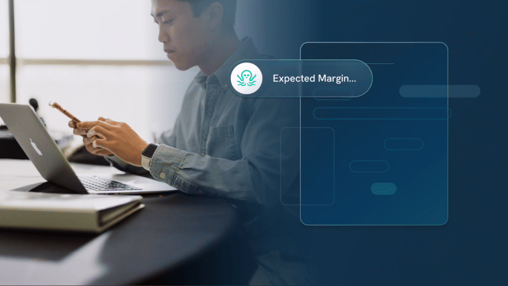 A finance professional at a laptop checks his phone as an Ottimate “Expected Margin” alert appears over a dashboard